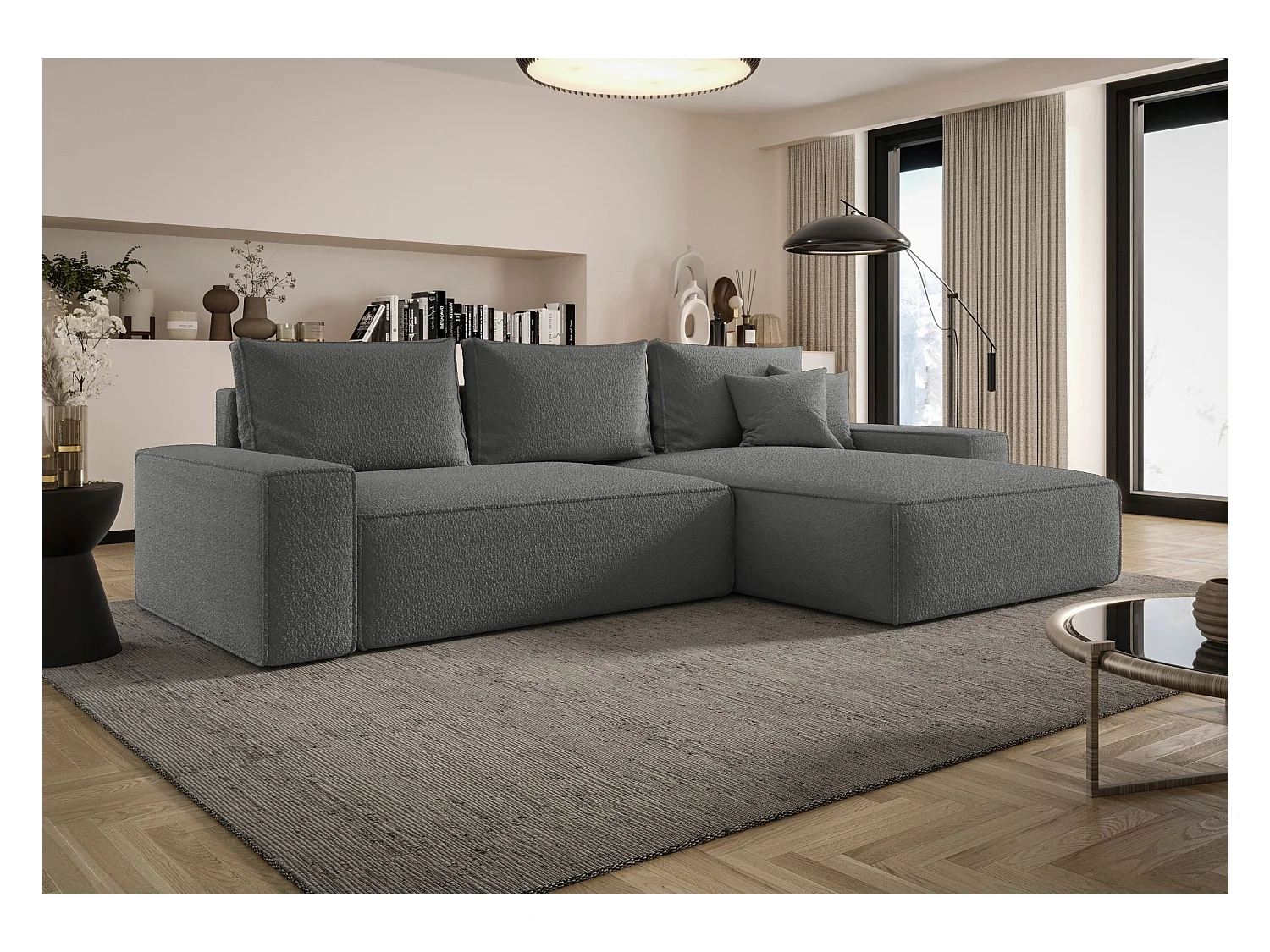 NAROŻNIK MONA z funkcją spania QUELLE 92 Szary Prawy Sofa w kształcie L z pojemnikiem na pościel, sofa rozkładana, sofa do salonu
