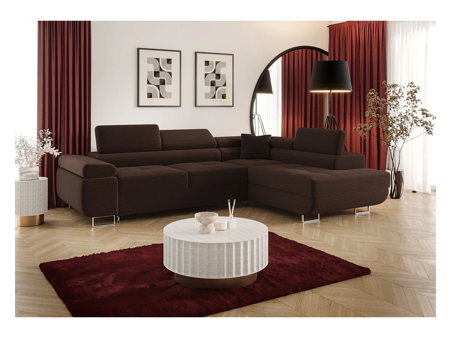 ECKSOFA EMILY mit Schlaffunktion Poso 06 Braun Rechts L-Form Sofa mit Stauraum Bettkasten Wohnzimmersofa Couch Sofa Bettsofa Bettkasten Bettcouch
