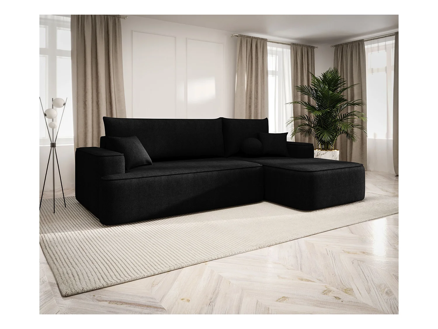 NAROŻNIK FIGO z funkcją spania Curio 99 Czarny Prawy Sofa w kształcie L z pojemnikiem na pościel, sofa rozkładana, sofa do salonu