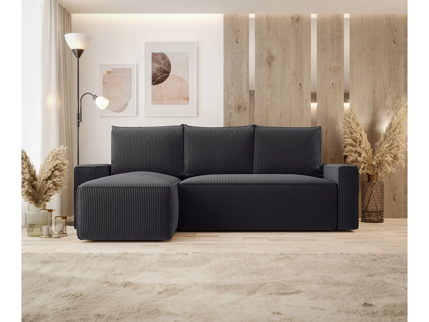 Narożnik z funkcją spania SAVIO Poso 34 szary lewy sofa w kształcie L z pojemnikiem na pościel sofa do salonu, sofa rozkładana, sofa z pojemnikiem