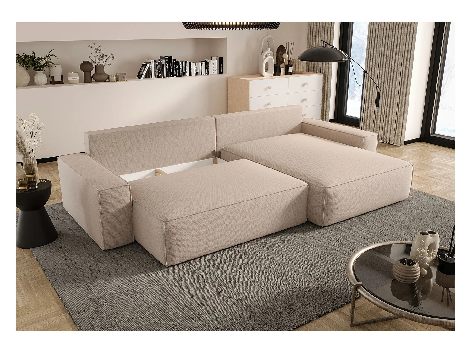 ECKSOFA MONA mit Schlaffunktion QUELLE 18 Hellbraun Rechts L-Form Sofa mit Stauraum Bettkasten Wohnzimmersofa Couch Sofa Bettsofa Bettkasten Bettcouch