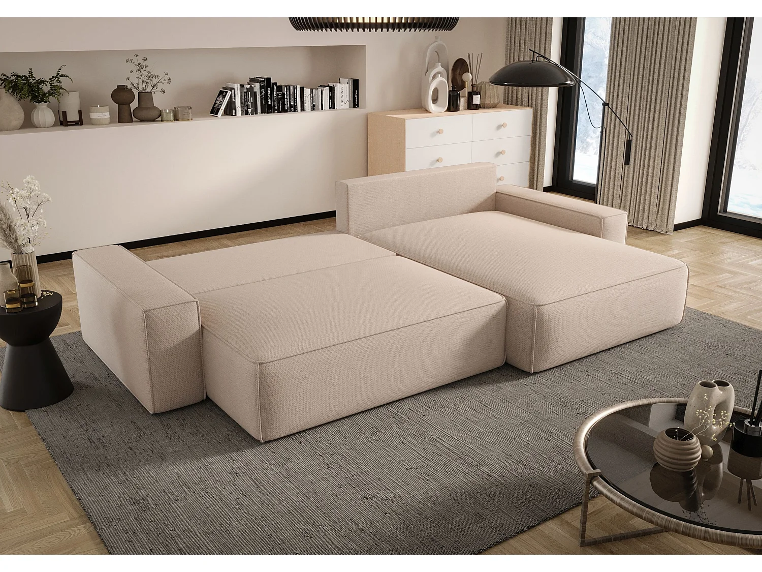 ECKSOFA MONA mit Schlaffunktion QUELLE 18 Hellbraun Rechts L-Form Sofa mit Stauraum Bettkasten Wohnzimmersofa Couch Sofa Bettsofa Bettkasten Bettcouch