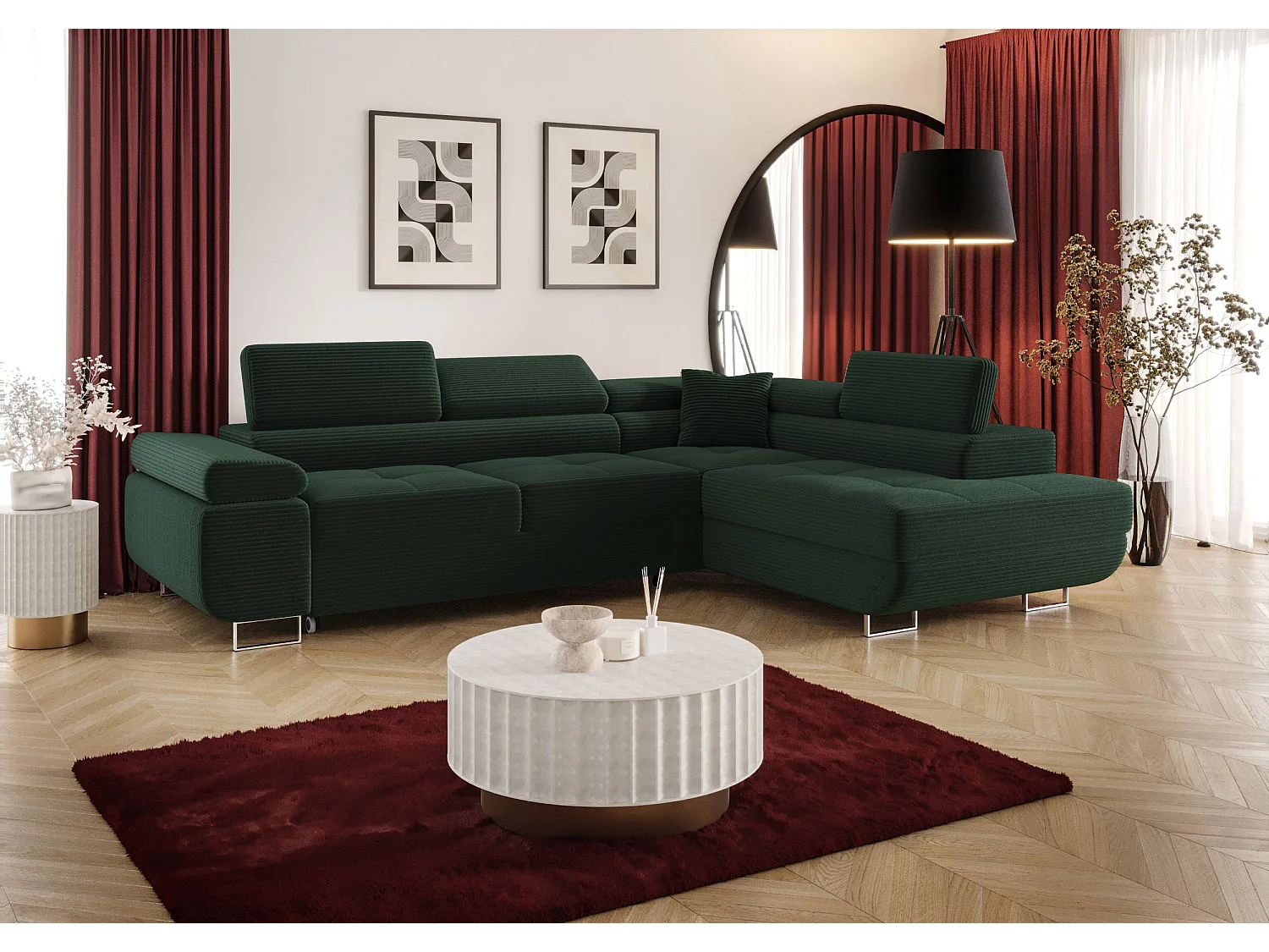 ECKSOFA EMILY mit Schlaffunktion Poso 14 Dunkelgrün Rechts L-Form Sofa mit Stauraum Bettkasten Wohnzimmersofa Couch Sofa Bettsofa Bettkasten Bettcouch