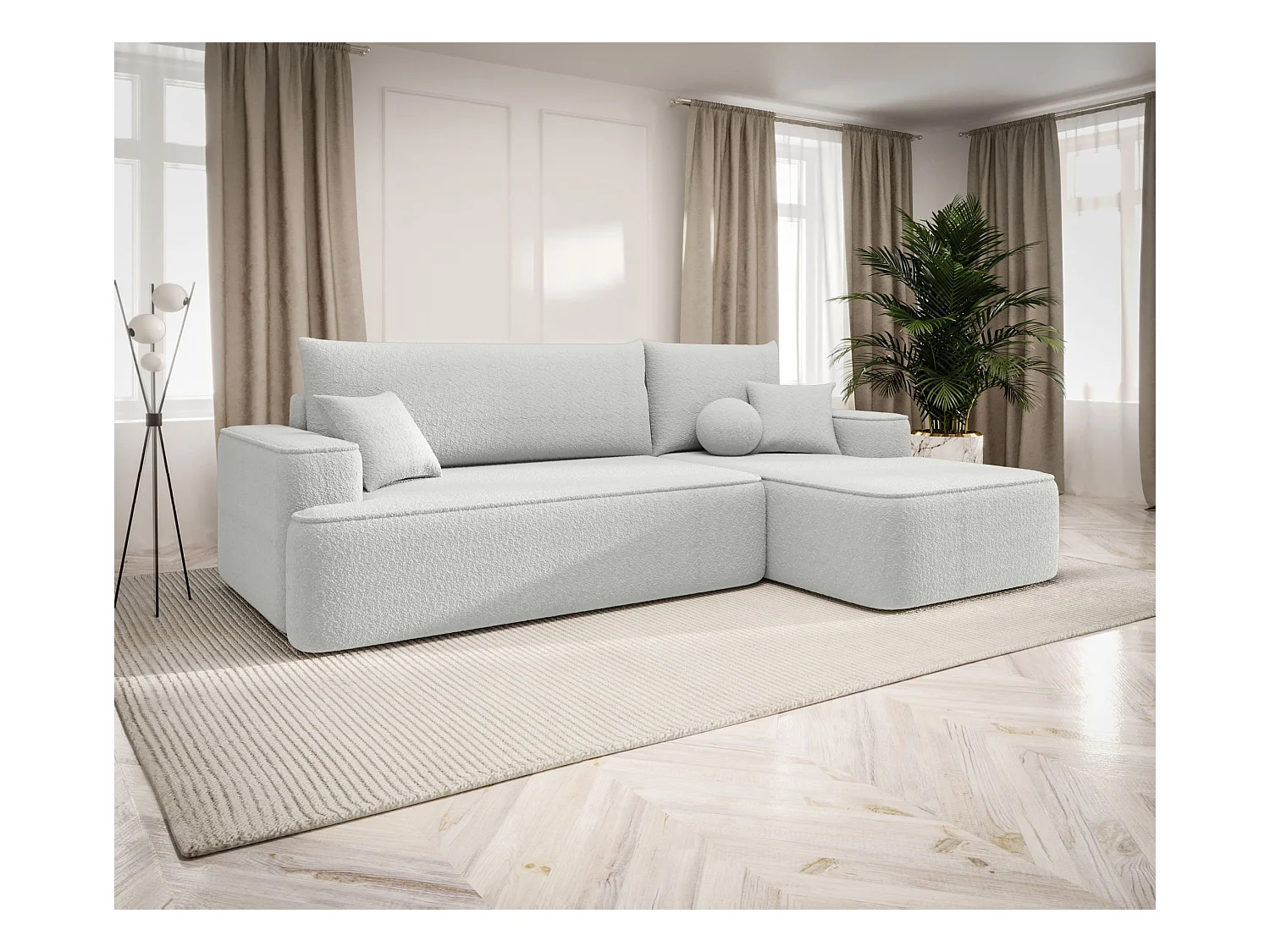 NAROŻNIK FIGO z funkcją spania Quelle 01 Biały Prawy Sofa w kształcie L z pojemnikiem na pościel, sofa rozkładana, sofa do salonu