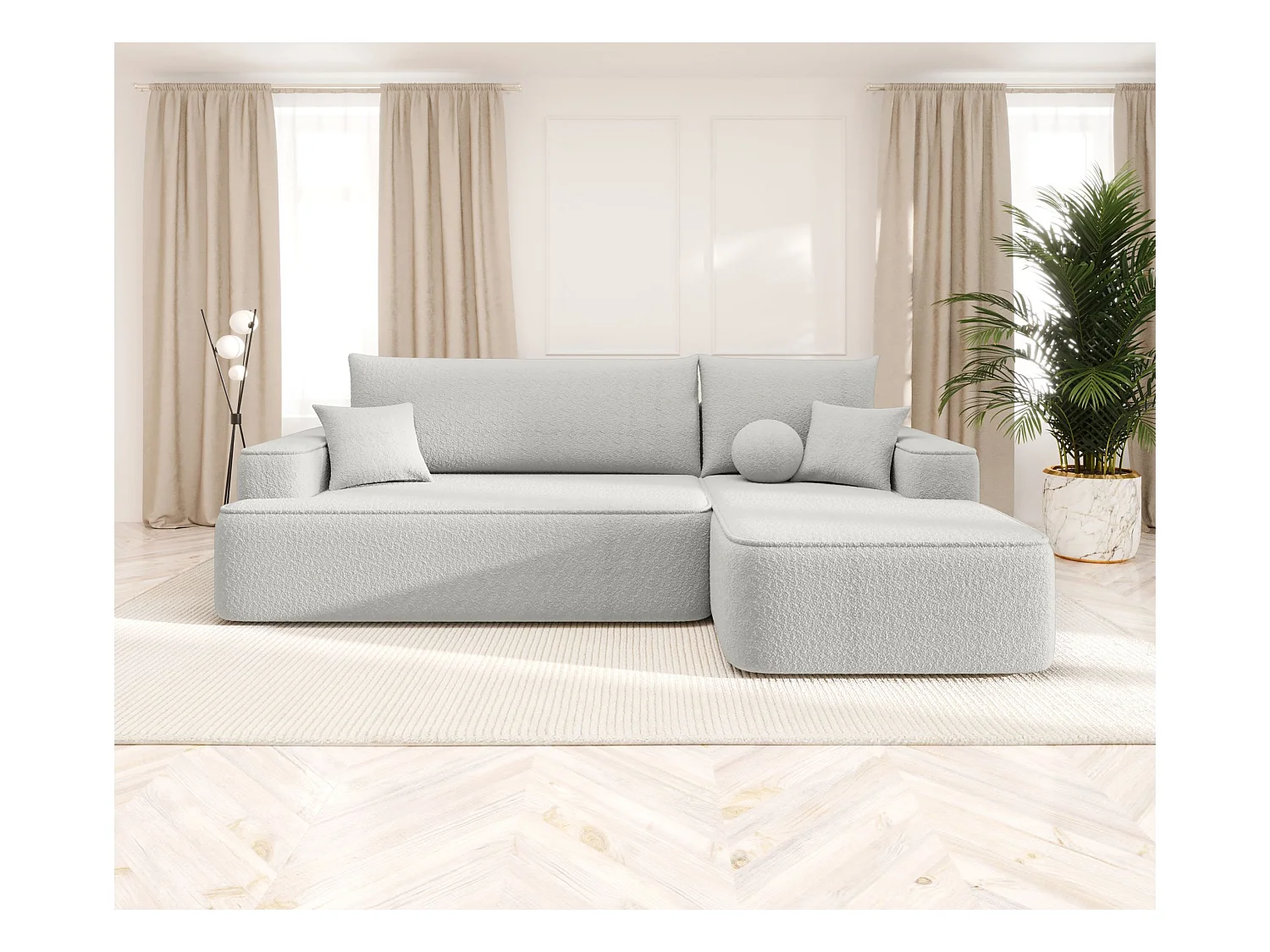 NAROŻNIK FIGO z funkcją spania Quelle 01 Biały Prawy Sofa w kształcie L z pojemnikiem na pościel, sofa rozkładana, sofa do salonu