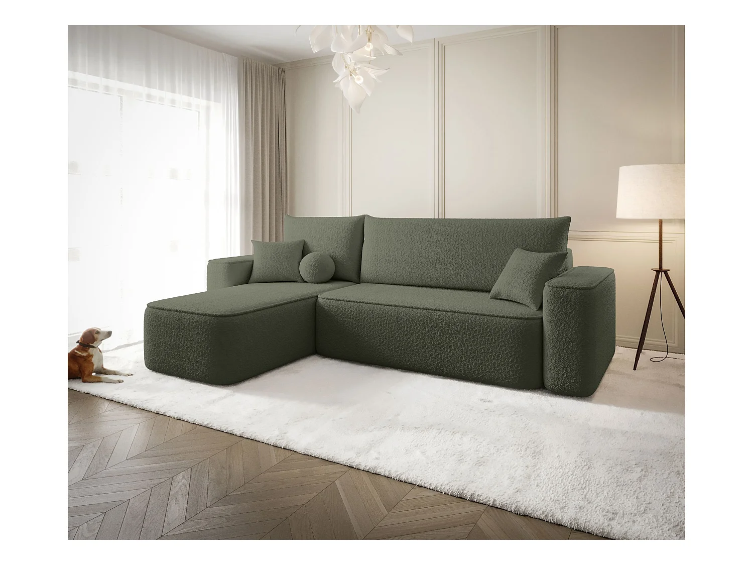 NAROŻNIK SENNO z funkcją spania Quelle 37 Ciemnozielony Lewy Sofa w kształcie L z pojemnikiem na pościel, sofa rozkładana, sofa do salonu