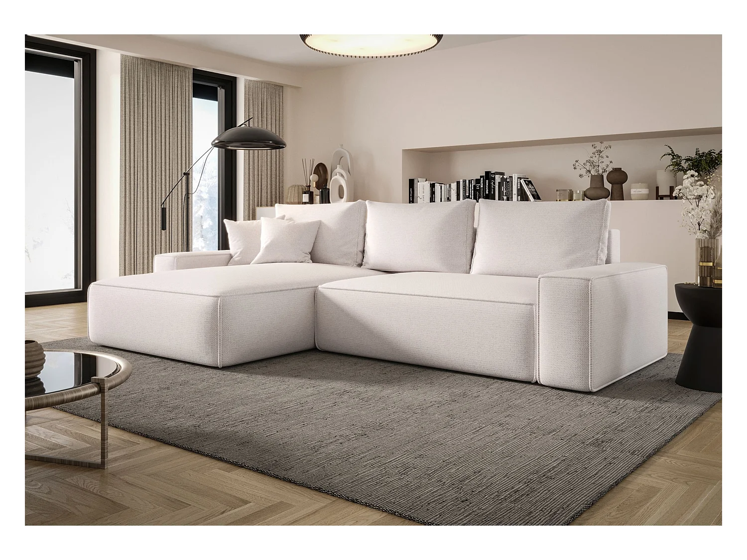 Narożnik MONA z funkcją spania ARAGON 01 biały lewy sofa w kształcie litery L z pojemnikiem na pościel sofa do salonu kanapa sofa rozkładana kanapa z pojemnikiem