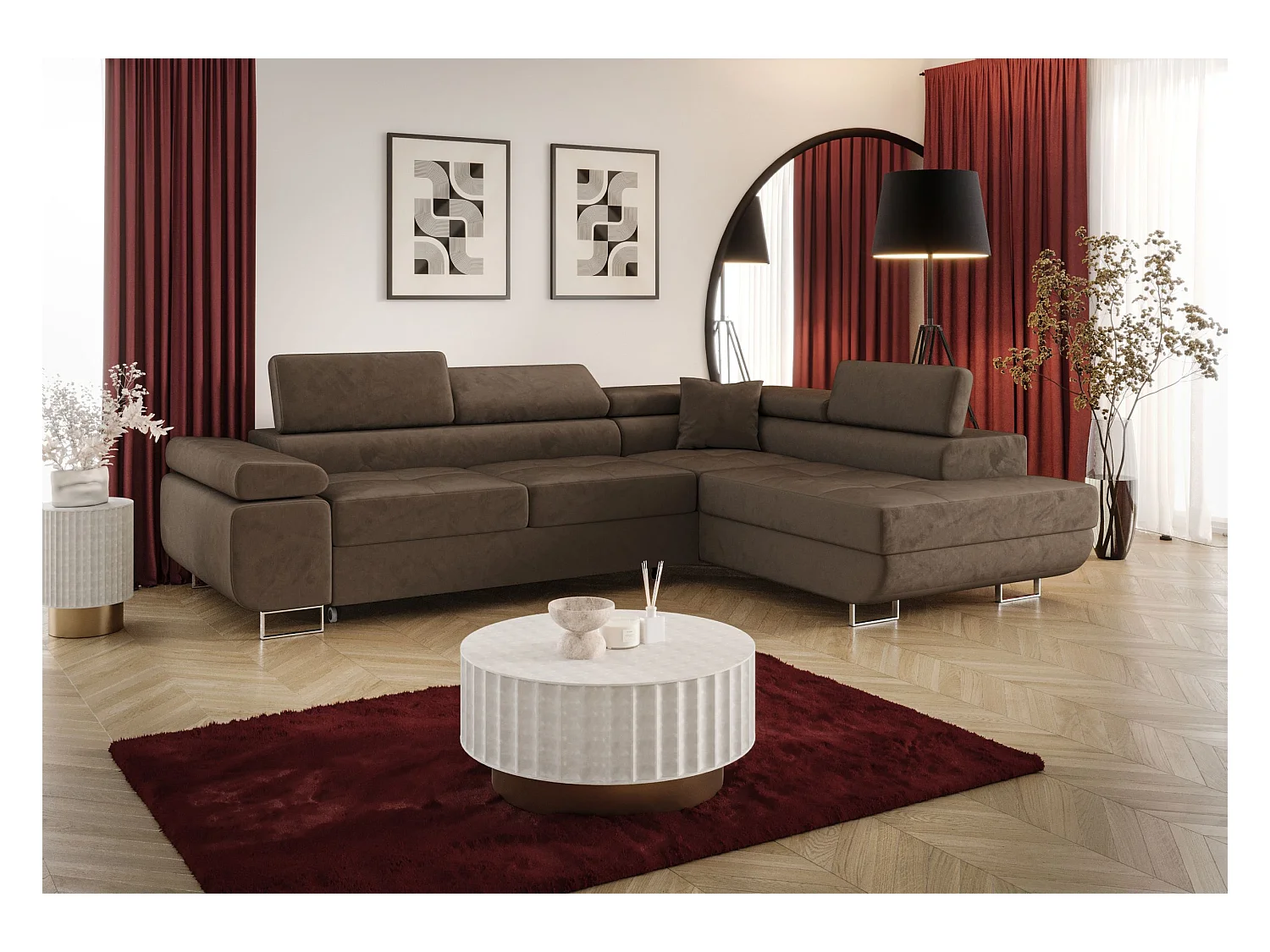 ECKSOFA EMILY mit Schlaffunktion Monolith 09 Braun Rechts L-Form Sofa mit Stauraum Bettkasten Wohnzimmersofa Couch Sofa Bettsofa Bettkasten Bettcouch