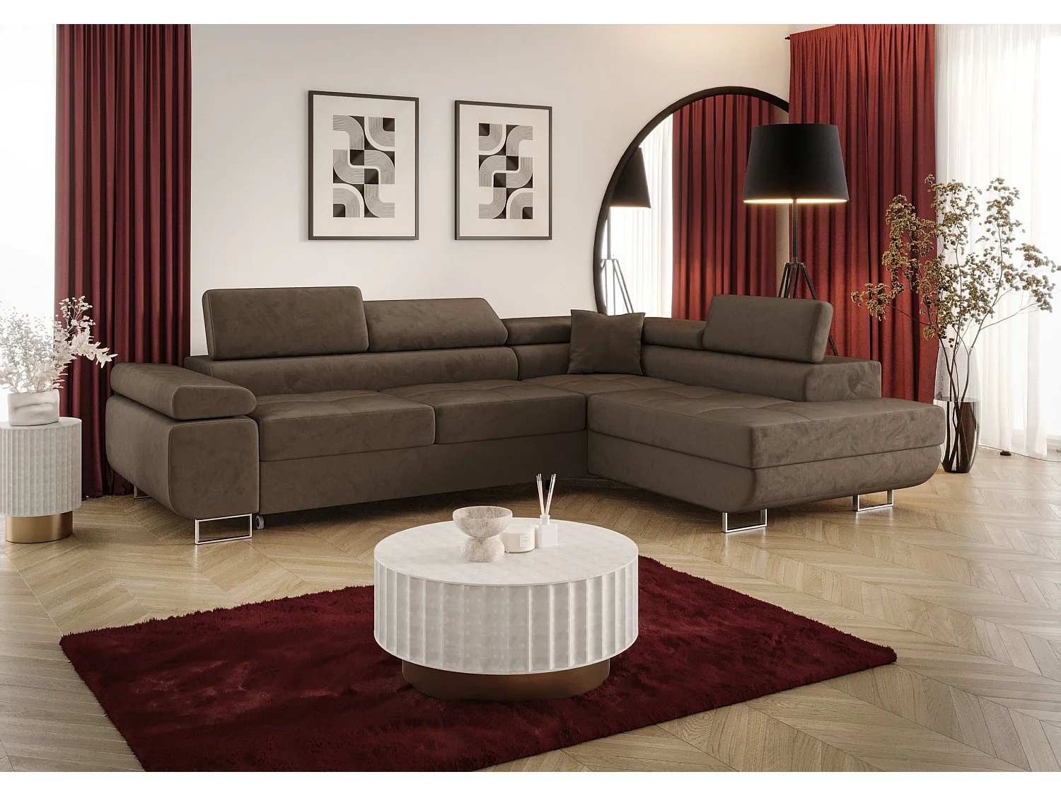 ECKSOFA EMILY mit Schlaffunktion Monolith 09 Braun Rechts L-Form Sofa mit Stauraum Bettkasten Wohnzimmersofa Couch Sofa Bettsofa Bettkasten Bettcouch