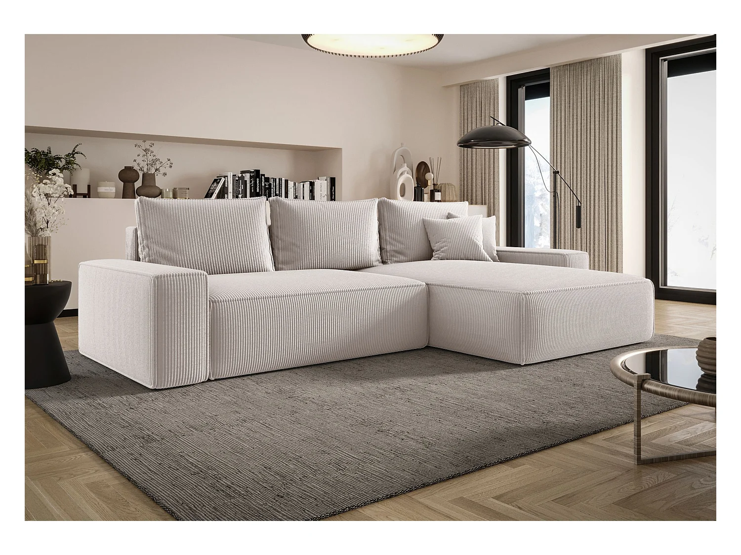 Narożnik MONA z funkcją spania POSO 100 ecru prawy sofa w kształcie litery L z pojemnikiem na pościel kanapa do salonu sofa rozkładana