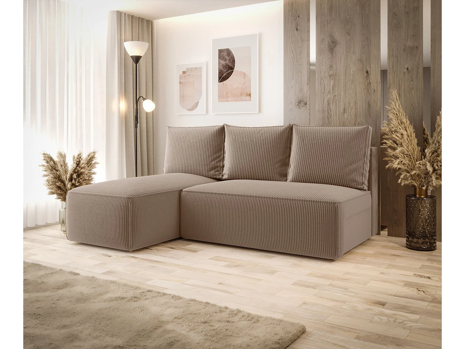 ECKSOFA mit Schlaffunktion SAVIO MINI Poso 02 Hellbraun Links L-Form Sofa mit Stauraum Bettkasten Wohnzimmersofa Couch Sofa Bettsofa Bettkasten Bettcouch