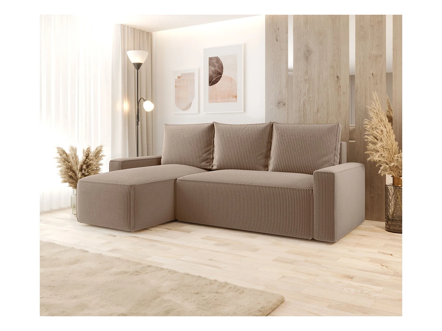 ECKSOFA mit Schlaffunktion SAVIO Poso 02 Hellbraun Links L-Form Sofa mit Stauraum Bettkasten Wohnzimmersofa Couch Sofa Bettsofa Bettkasten Bettcouch