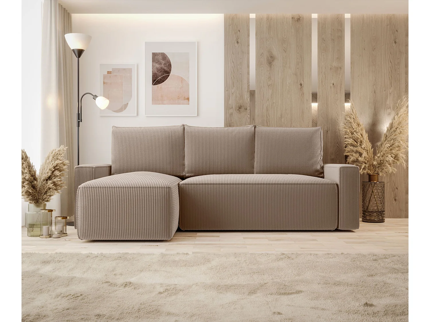 Hoekbank met slaapfunctie SAVIO Poso 02 lichtbruin links L-vormige bank met opbergruimte woonkamerbank, slaapbank, bank met opbergruimte