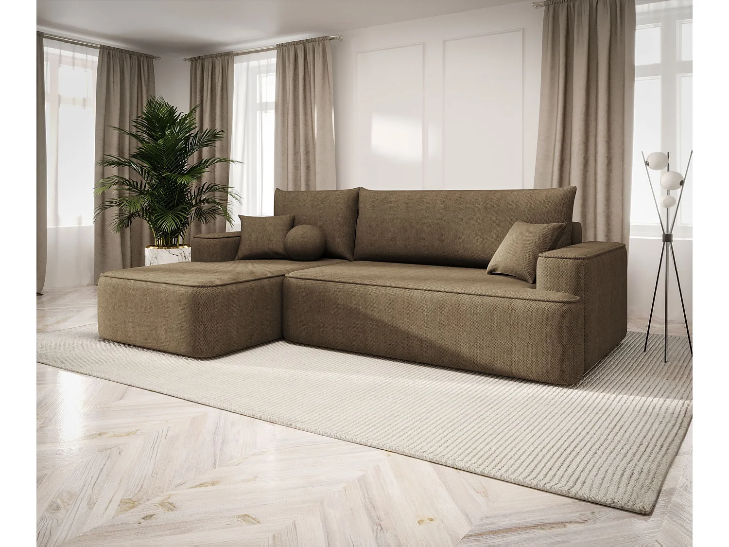 NAROŻNIK FIGO z funkcją spania Curio 20 Brązowy Lewy Sofa w kształcie L z pojemnikiem na pościel, sofa rozkładana, sofa do salonu