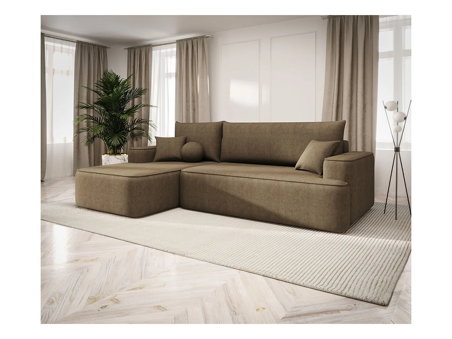 NAROŻNIK FIGO z funkcją spania Curio 20 Brązowy Lewy Sofa w kształcie L z pojemnikiem na pościel, sofa rozkładana, sofa do salonu
