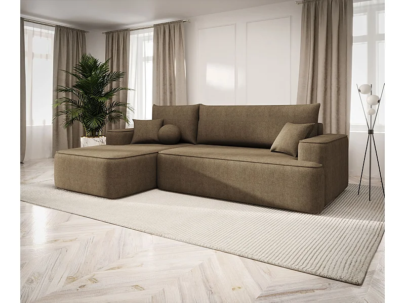 NAROŻNIK FIGO z funkcją spania Curio 20 Brązowy Lewy Sofa w kształcie L z pojemnikiem na pościel, sofa rozkładana, sofa do salonu