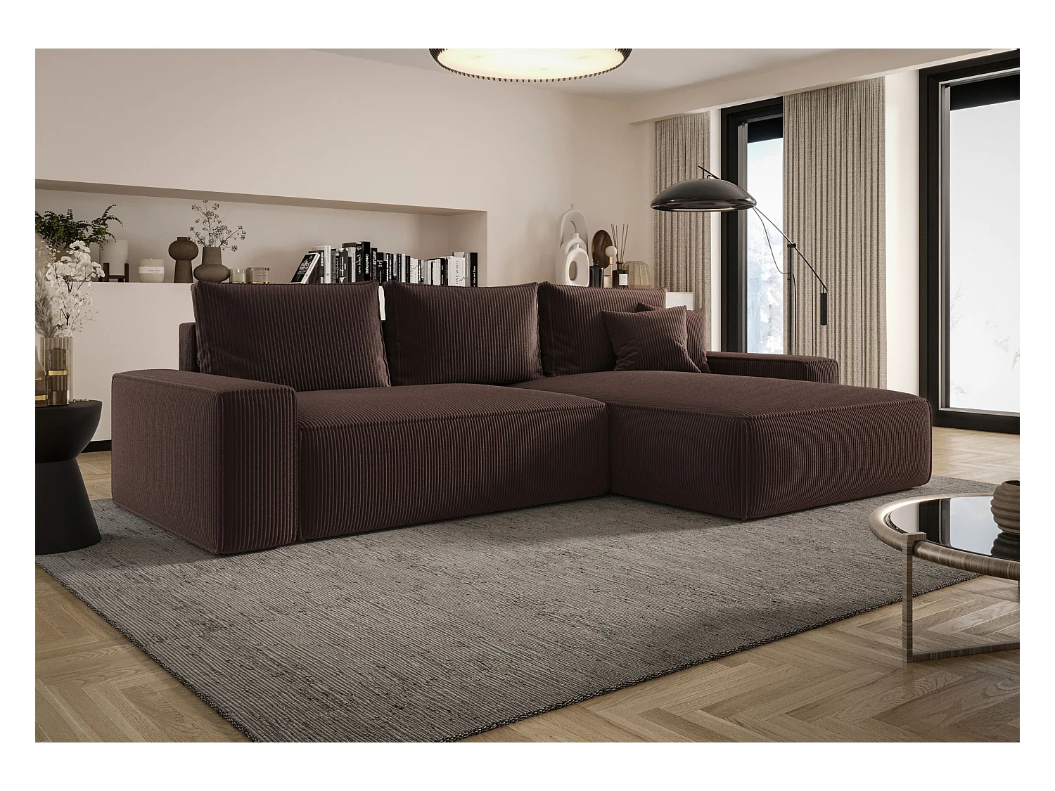 Narożnik MONA z funkcją spania POSO 06 brązowy prawy sofa w kształcie litery L z pojemnikiem na pościel kanapa do salonu sofa rozkładana