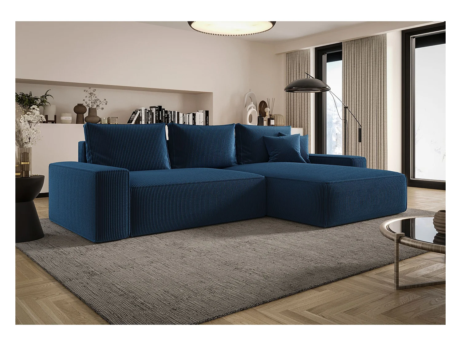 Narożnik MONA z funkcją spania POSO 05 ciemnoniebieski prawy sofa w kształcie litery L z pojemnikiem na pościel kanapa do salonu sofa rozkładana