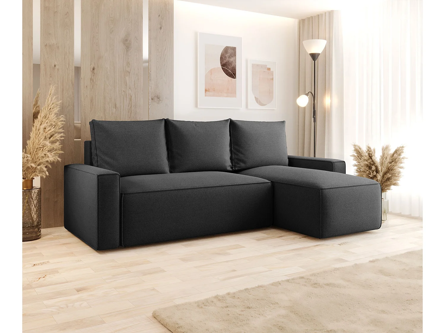 Narożnik z funkcją spania SAVIO Curio 97 ciemnoszary prawy sofa w kształcie L z pojemnikiem na pościel sofa do salonu, sofa rozkładana, sofa z pojemnikiem