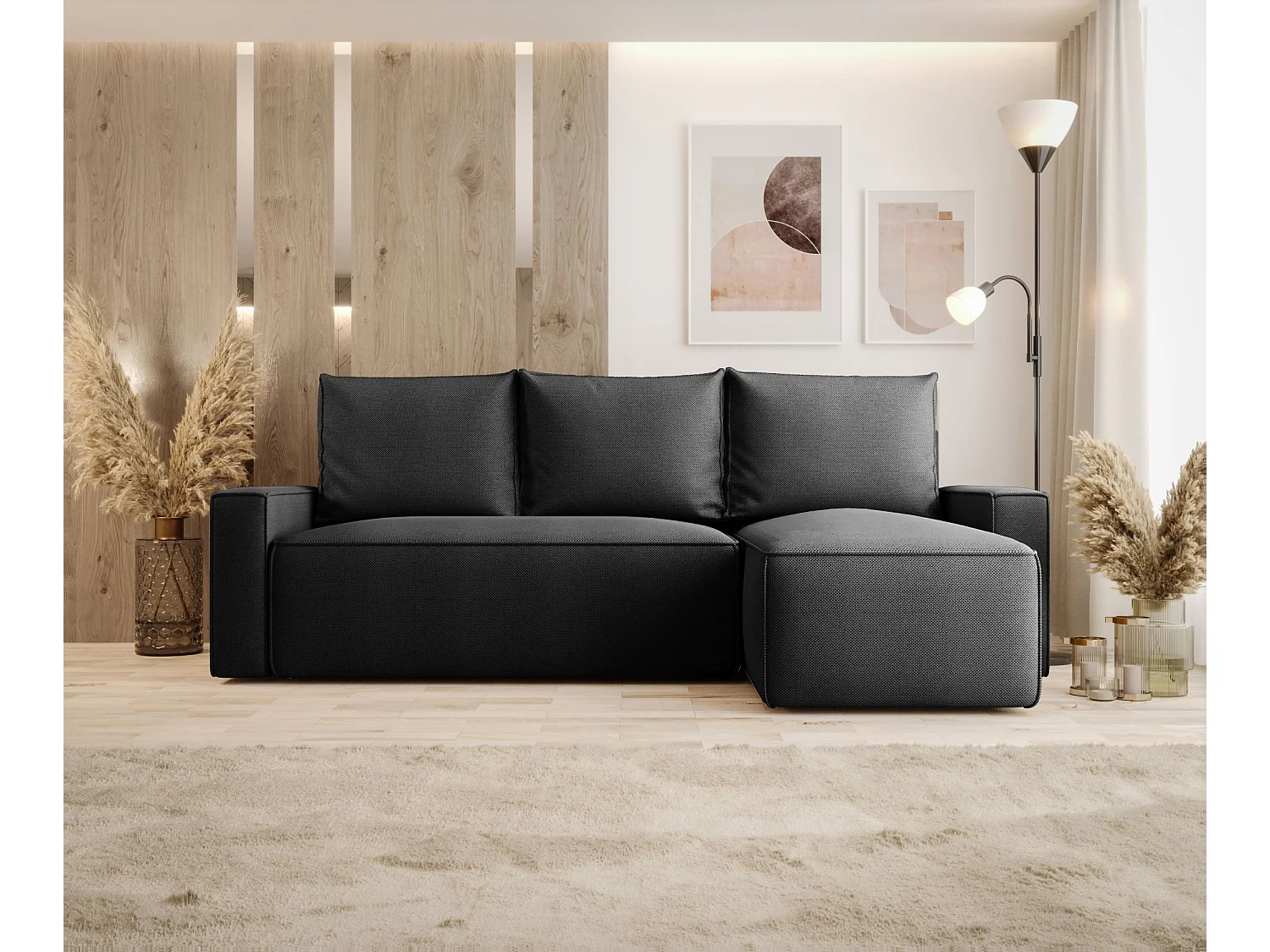 Narożnik z funkcją spania SAVIO Curio 97 ciemnoszary prawy sofa w kształcie L z pojemnikiem na pościel sofa do salonu, sofa rozkładana, sofa z pojemnikiem