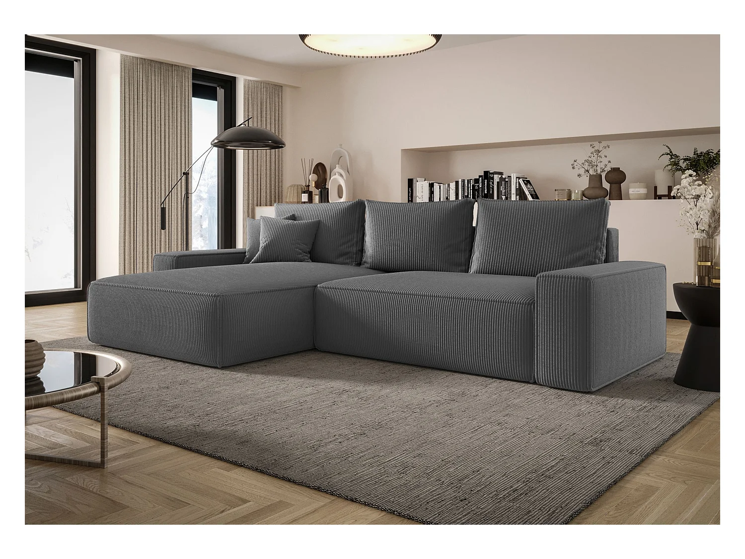 Narożnik MONA z funkcją spania POSO 60 szary lewy sofa w kształcie litery L z pojemnikiem na pościel kanapa do salonu sofa rozkładana