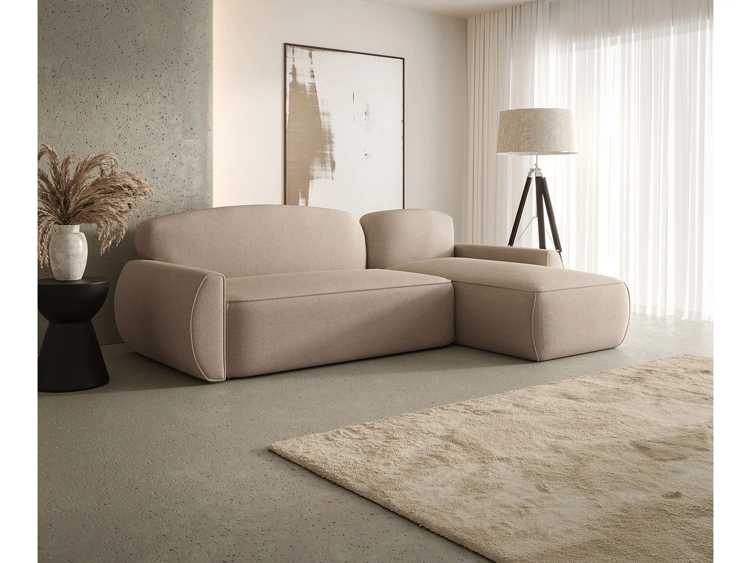 Narożnik z funkcją spania LUCAS Curio 15 beżowy prawy sofa w kształcie L z pojemnikiem na pościel sofa do salonu, sofa rozkładana, sofa z pojemnikiem