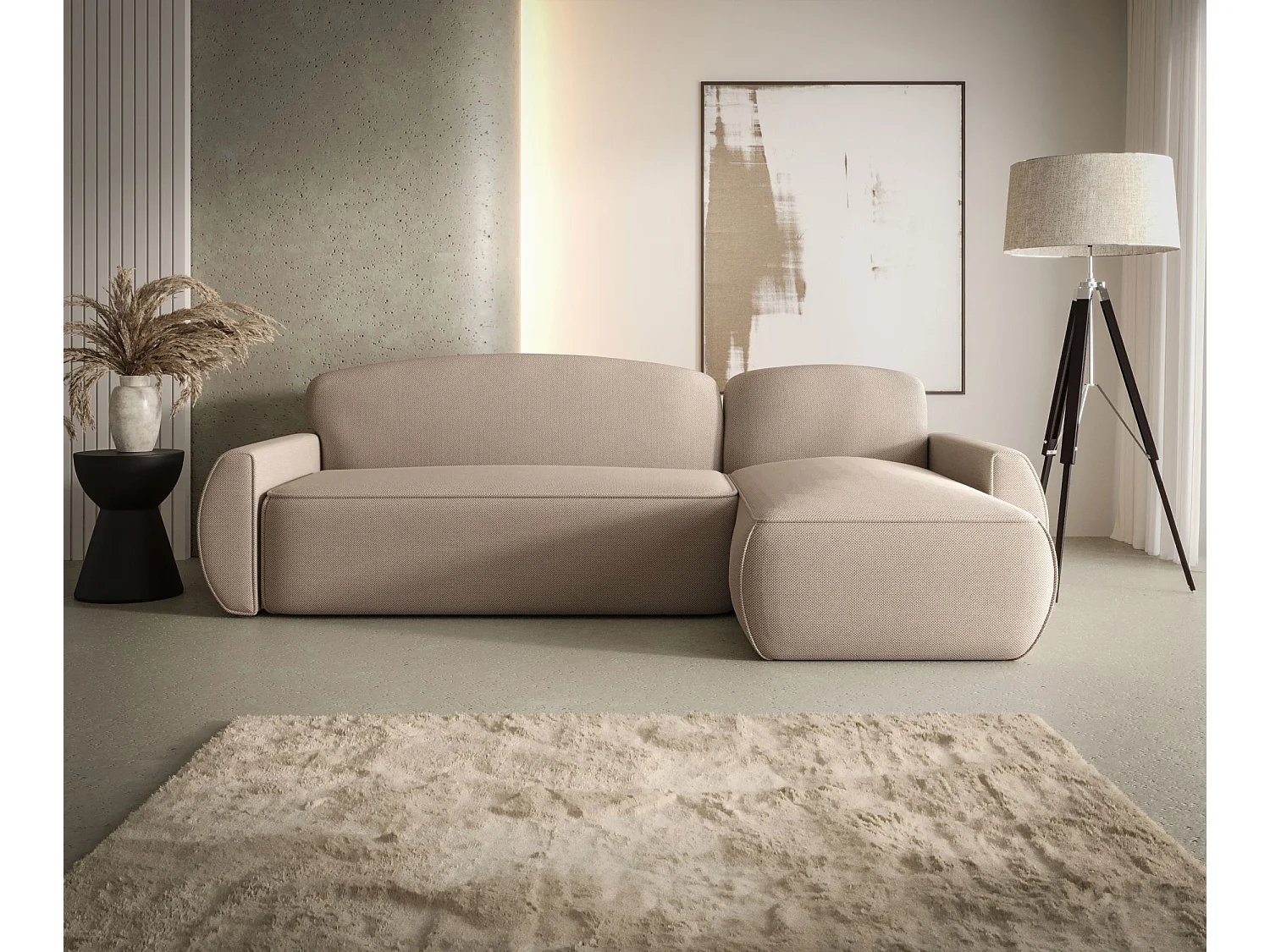 Narożnik z funkcją spania LUCAS Curio 15 beżowy prawy sofa w kształcie L z pojemnikiem na pościel sofa do salonu, sofa rozkładana, sofa z pojemnikiem