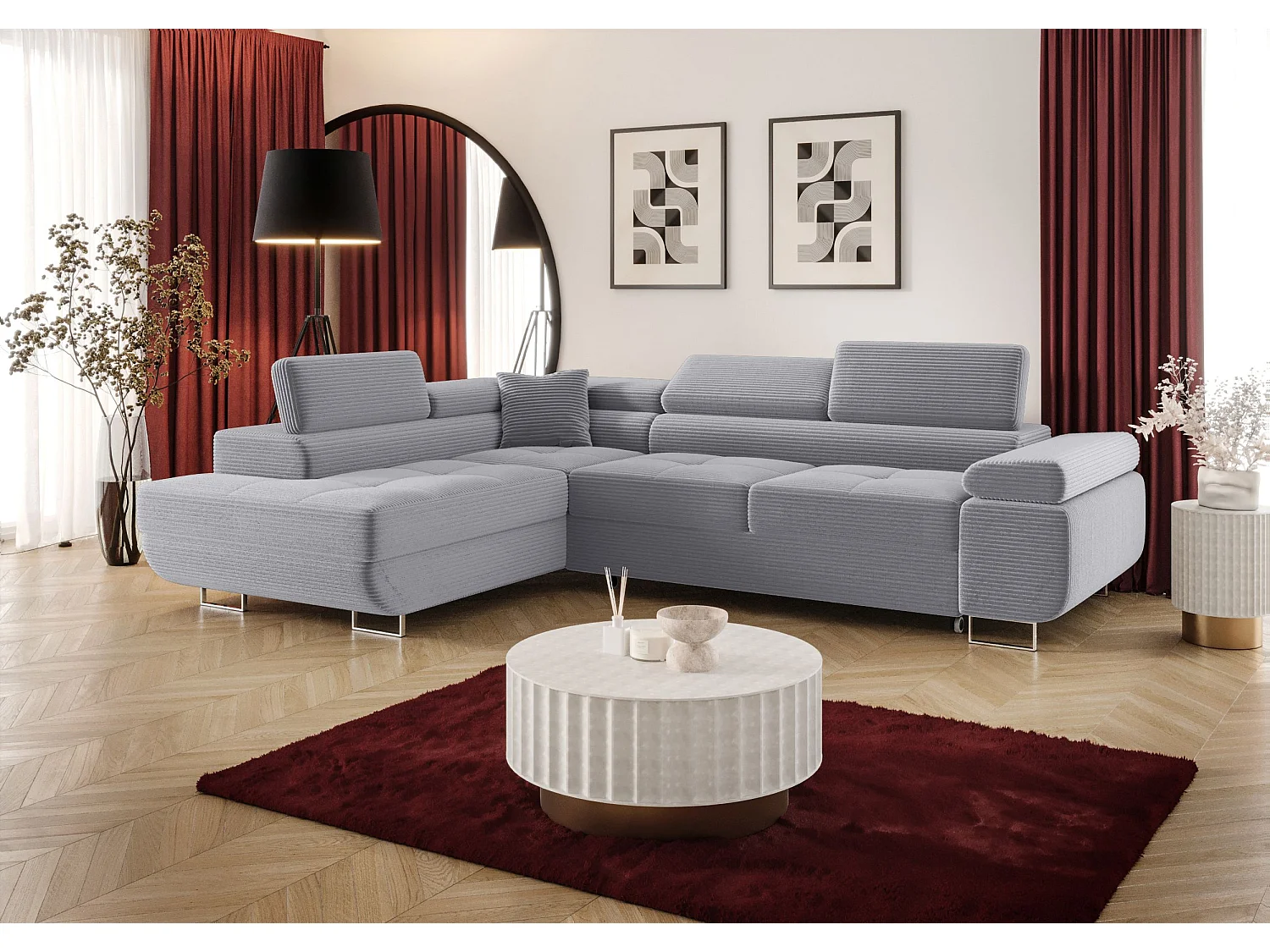 NAROŻNIK EMILY z funkcją spania Poso 55 Jasnoszary Lewy Sofa w kształcie L z pojemnikiem na pościel, sofa rozkładana, sofa do salonu