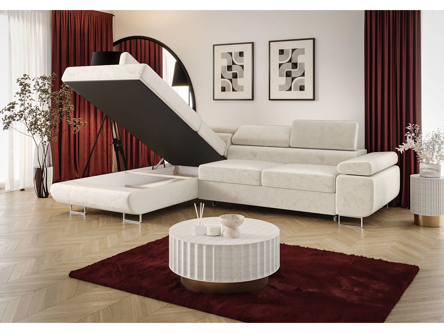 NAROŻNIK EMILY z funkcją spania Poso 55 Jasnoszary Lewy Sofa w kształcie L z pojemnikiem na pościel, sofa rozkładana, sofa do salonu