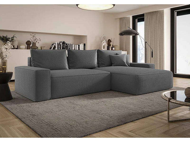 Narożnik MONA z funkcją spania POSO 60 szary prawy sofa w kształcie litery L z pojemnikiem na pościel kanapa do salonu sofa rozkładana