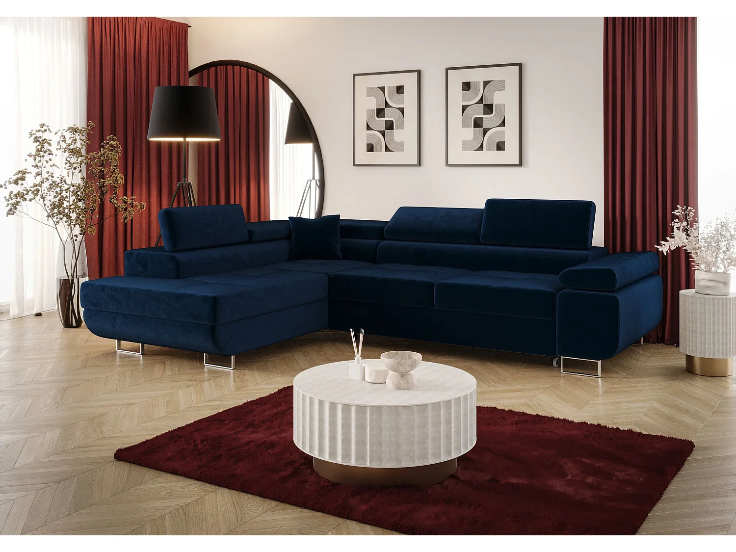 HOEKBANK EMILY met slaapfunctie Monolith 77 Donkerblauw Links L-vorm bank met opbergruimte, slaapbank, woonkamerbank