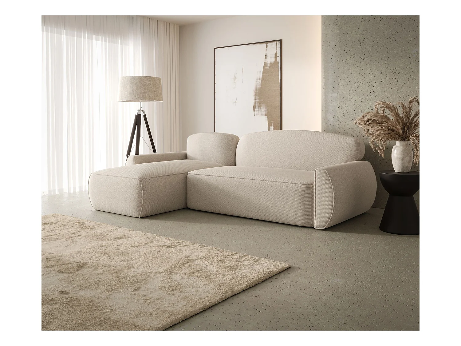 Narożnik z funkcją spania LUCAS Curio 09 ecru lewy sofa w kształcie L z pojemnikiem na pościel sofa do salonu, sofa rozkładana, sofa z pojemnikiem