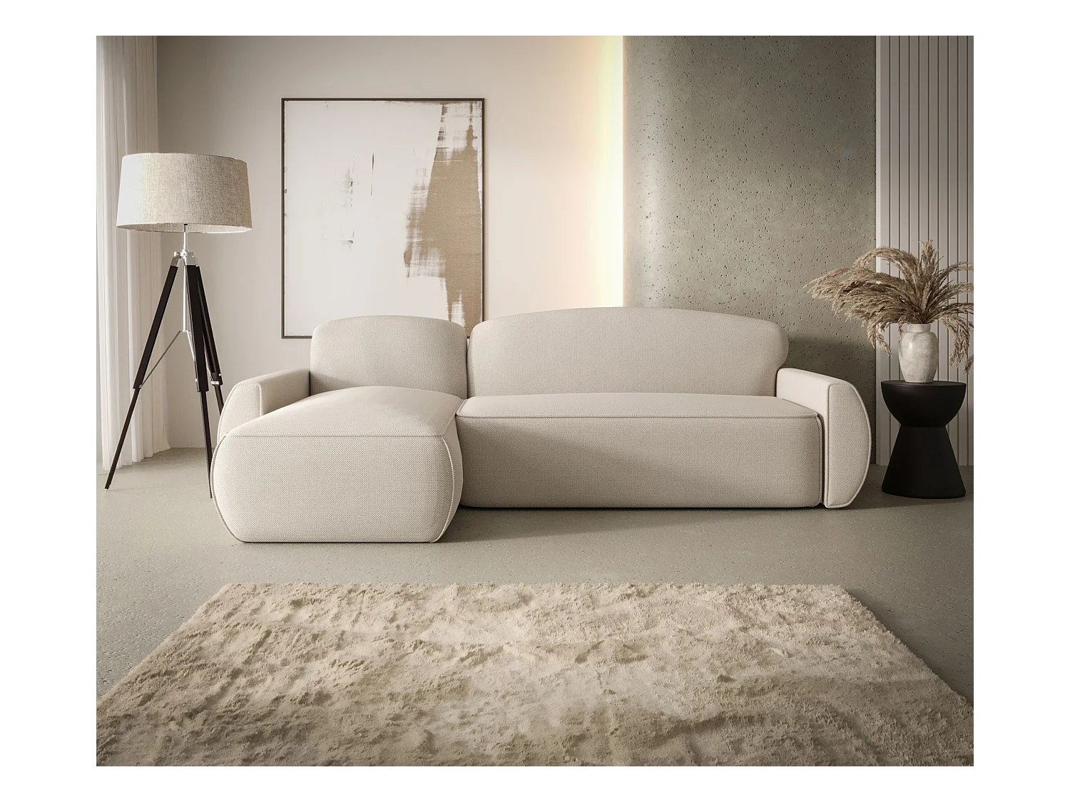 Narożnik z funkcją spania LUCAS Curio 09 ecru lewy sofa w kształcie L z pojemnikiem na pościel sofa do salonu, sofa rozkładana, sofa z pojemnikiem