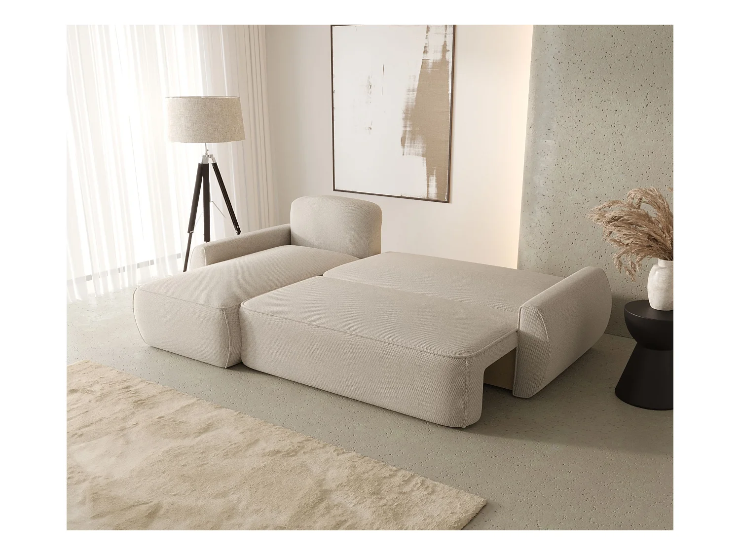 Narożnik z funkcją spania LUCAS Curio 09 ecru lewy sofa w kształcie L z pojemnikiem na pościel sofa do salonu, sofa rozkładana, sofa z pojemnikiem