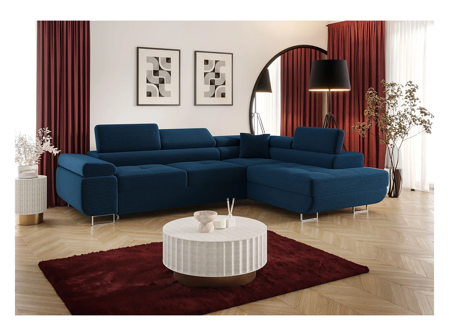 HOEKBANK EMILY met slaapfunctie Poso 05 Donkerblauw Rechts L-vorm bank met opbergruimte, slaapbank, woonkamerbank