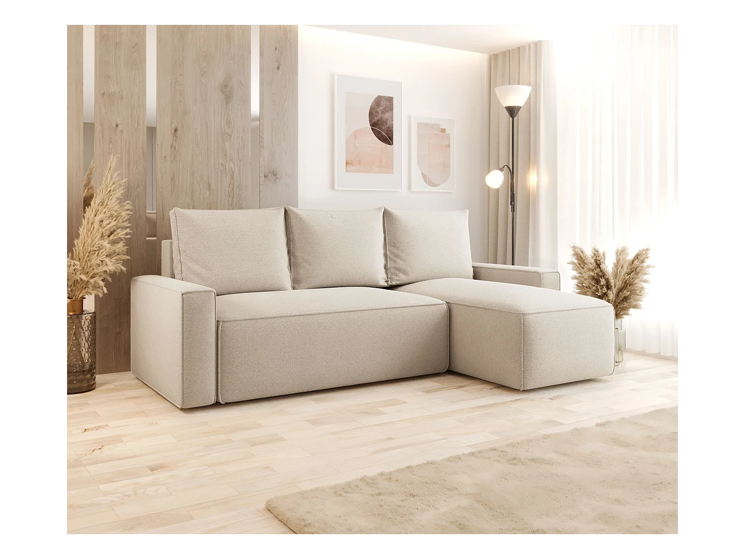 Narożnik z funkcją spania SAVIO Curio 09 ecru prawy sofa w kształcie L z pojemnikiem na pościel sofa do salonu, sofa rozkładana, sofa z pojemnikiem
