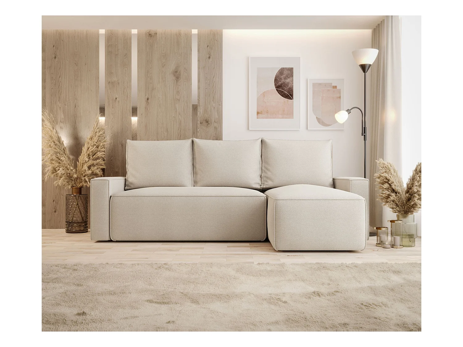 Narożnik z funkcją spania SAVIO Curio 09 ecru prawy sofa w kształcie L z pojemnikiem na pościel sofa do salonu, sofa rozkładana, sofa z pojemnikiem