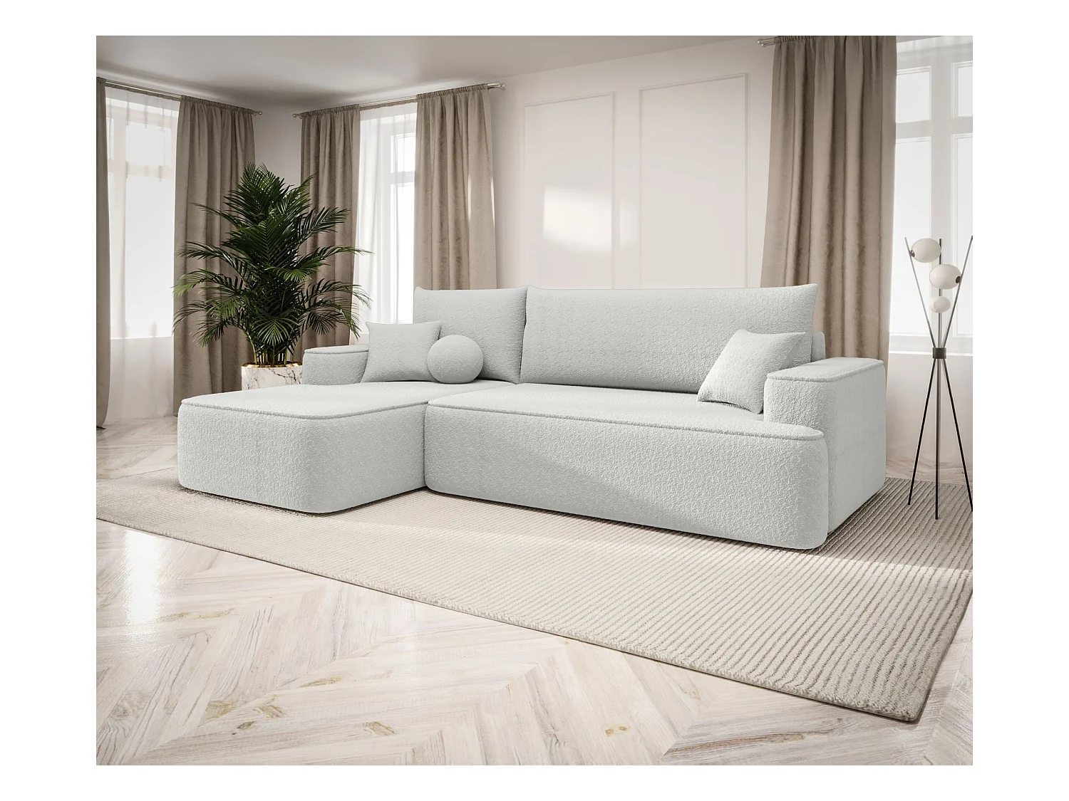 NAROŻNIK FIGO z funkcją spania Quelle 01 Biały Lewy Sofa w kształcie L z pojemnikiem na pościel, sofa rozkładana, sofa do salonu