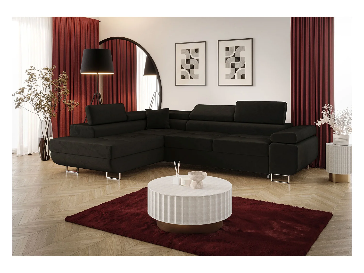 NAROŻNIK EMILY z funkcją spania Monolith 95 Czarny Lewy Sofa w kształcie L z pojemnikiem na pościel, sofa rozkładana, sofa do salonu