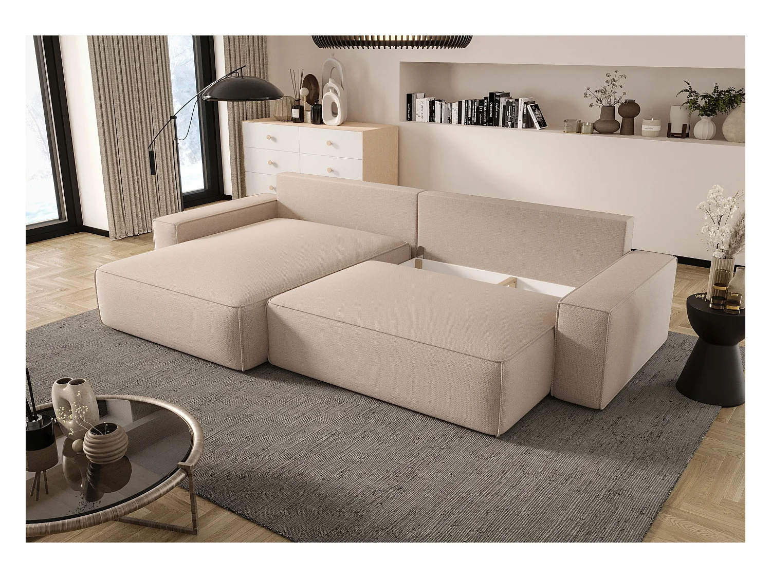 ECKSOFA MONA mit Schlaffunktion QUELLE 18 Hellbraun Links L-Form Sofa mit Stauraum Bettkasten Wohnzimmersofa Couch Sofa Bettsofa Bettkasten Bettcouch