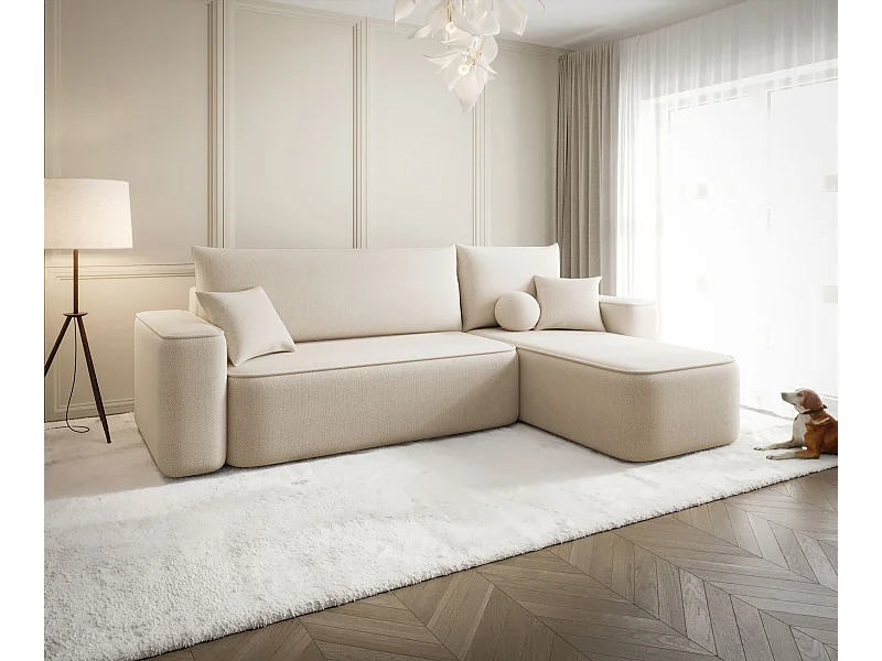 NAROŻNIK SENNO z funkcją spania Curio 09 Ecru Prawy Sofa w kształcie L z pojemnikiem na pościel, sofa rozkładana, sofa do salonu