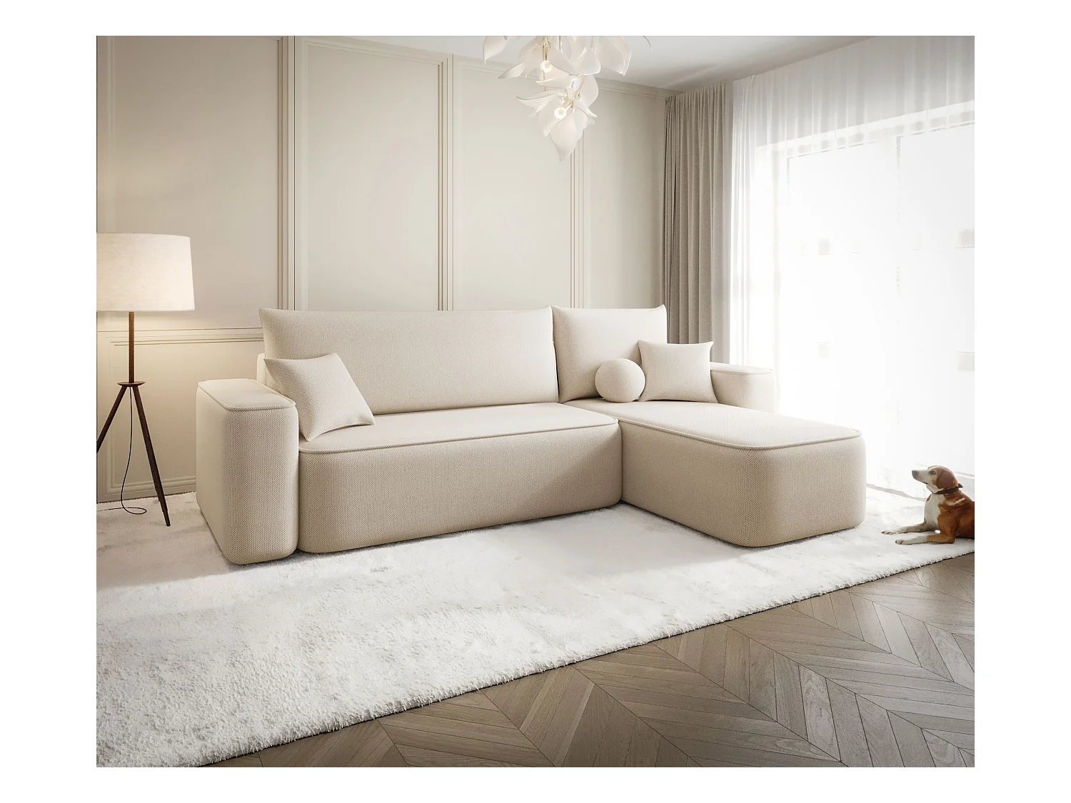 NAROŻNIK SENNO z funkcją spania Curio 09 Ecru Prawy Sofa w kształcie L z pojemnikiem na pościel, sofa rozkładana, sofa do salonu