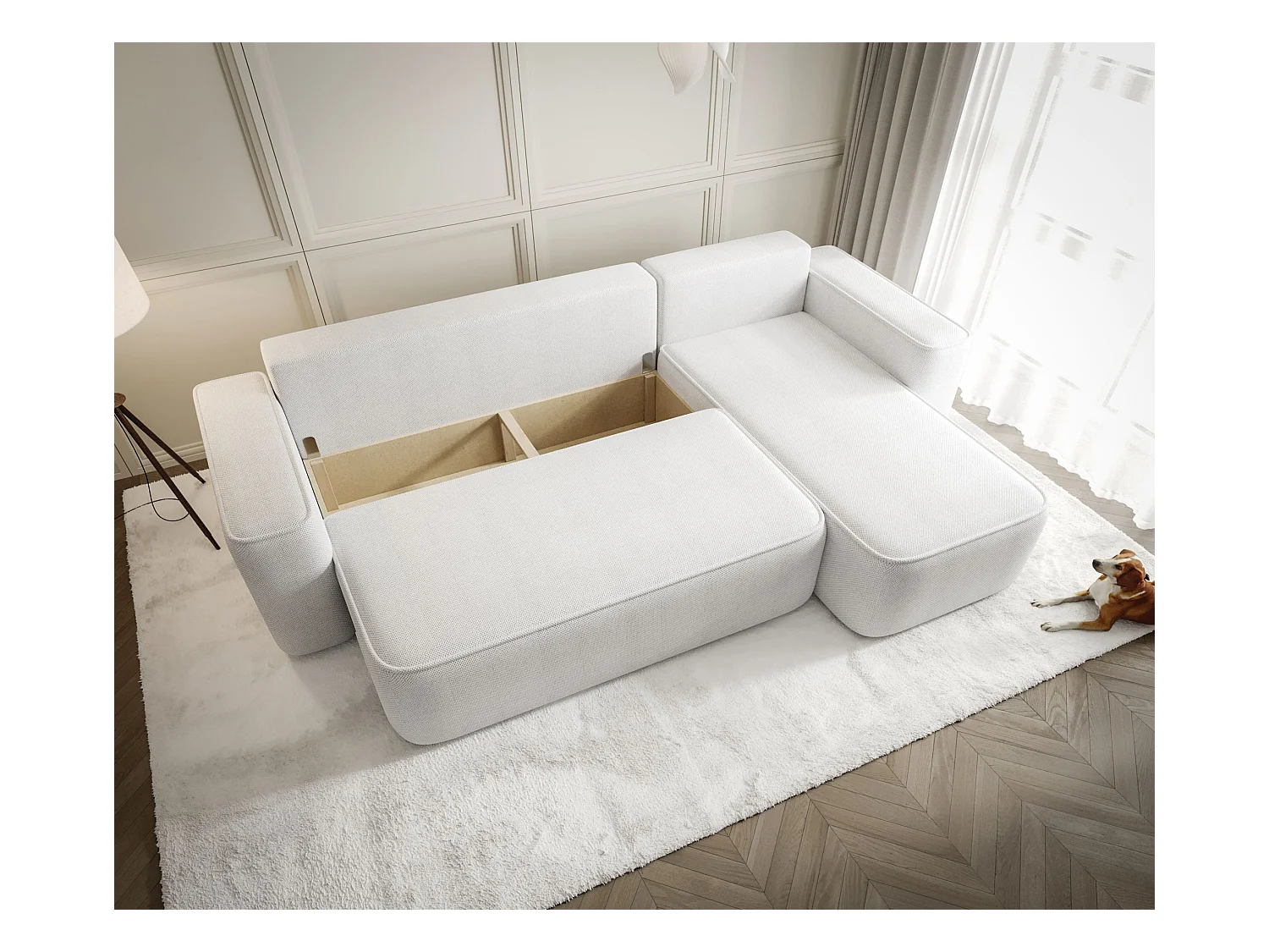 NAROŻNIK SENNO z funkcją spania Curio 09 Ecru Prawy Sofa w kształcie L z pojemnikiem na pościel, sofa rozkładana, sofa do salonu