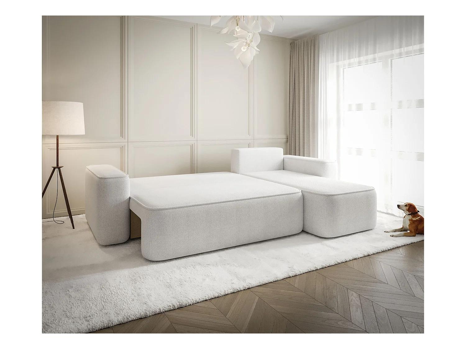 NAROŻNIK SENNO z funkcją spania Curio 09 Ecru Prawy Sofa w kształcie L z pojemnikiem na pościel, sofa rozkładana, sofa do salonu