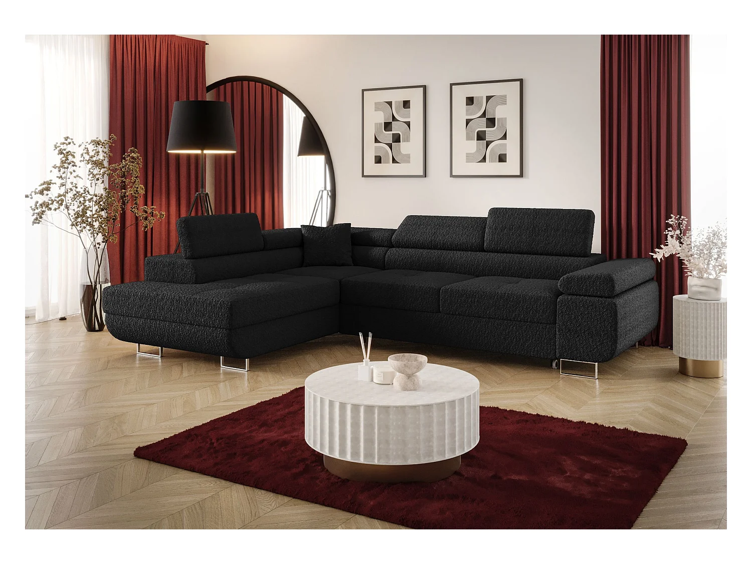 HOEKBANK EMILY met slaapfunctie Quelle 100 Zwart Links L-vorm bank met opbergruimte, slaapbank, woonkamerbank