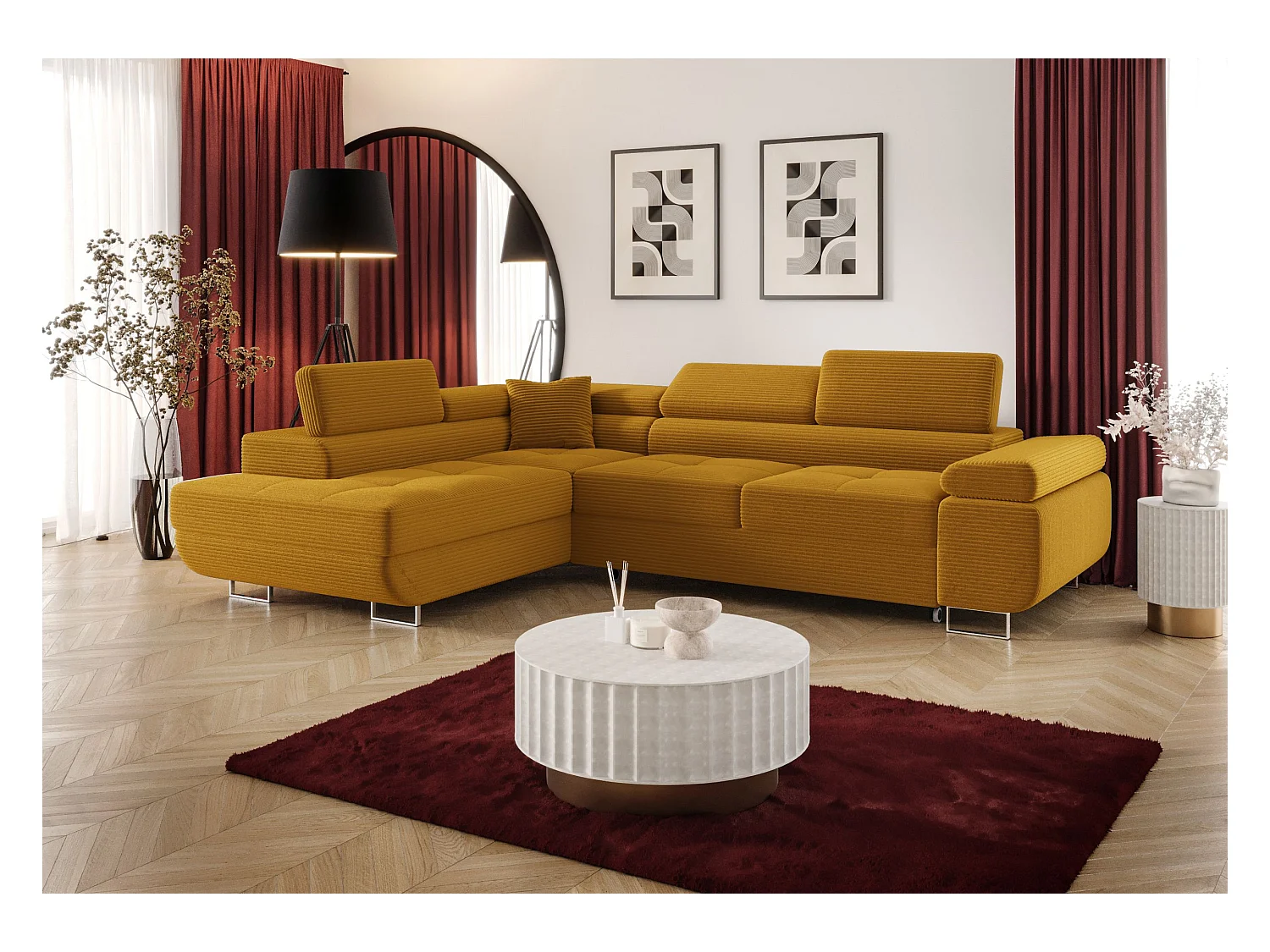 NAROŻNIK EMILY z funkcją spania Poso 01 Pomarańczowy Lewy Sofa w kształcie L z pojemnikiem na pościel, sofa rozkładana, sofa do salonu