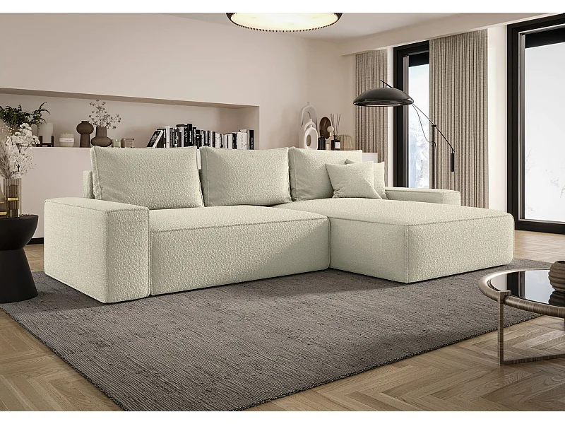 NAROŻNIK MONA z funkcją spania QUELLE 03 Beżowy Prawy Sofa w kształcie L z pojemnikiem na pościel, sofa rozkładana, sofa do salonu