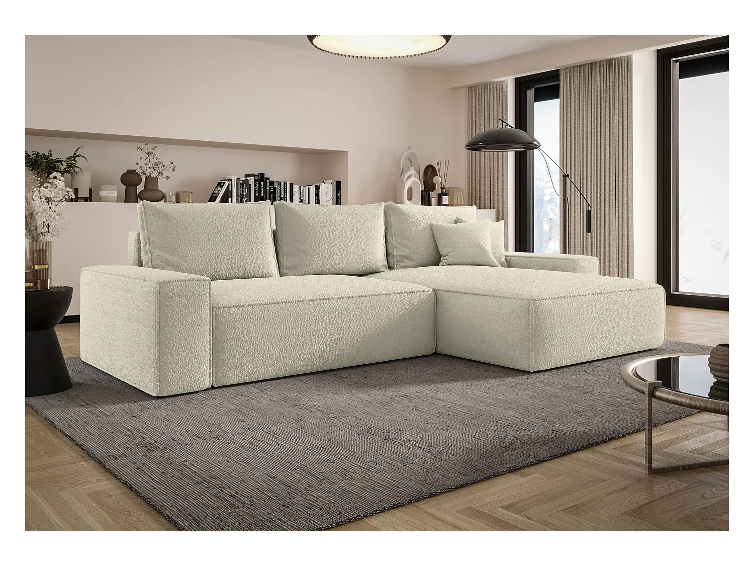 NAROŻNIK MONA z funkcją spania QUELLE 03 Beżowy Prawy Sofa w kształcie L z pojemnikiem na pościel, sofa rozkładana, sofa do salonu