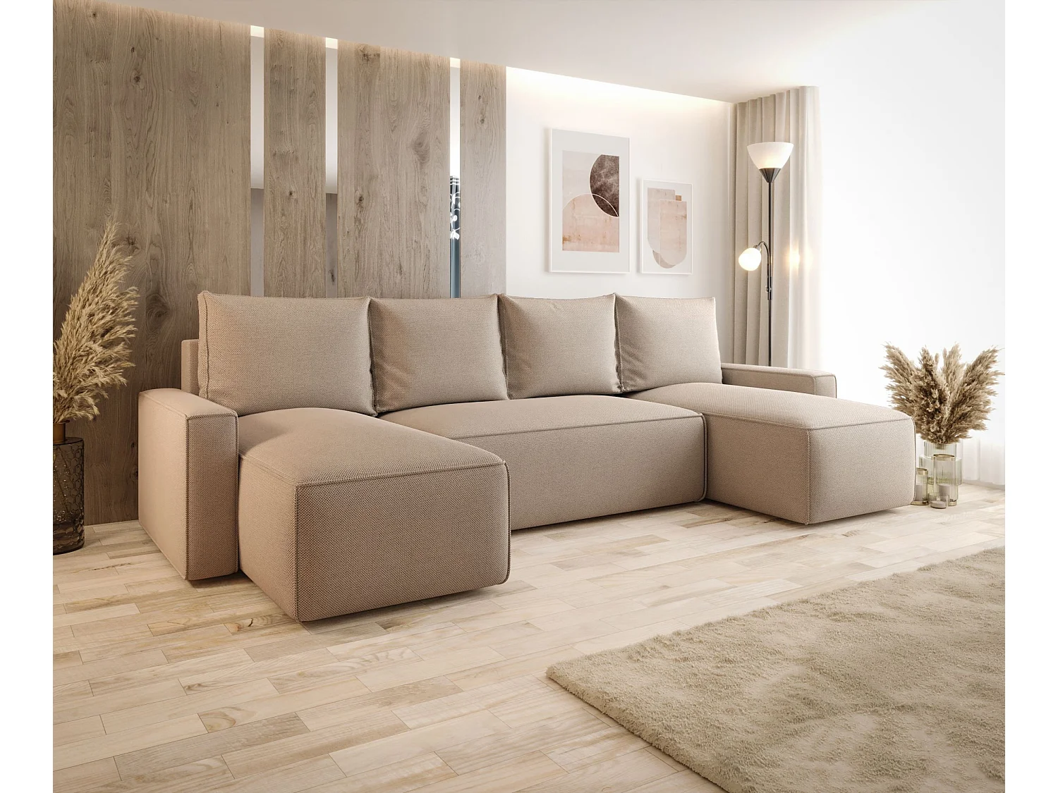 Narożnik z funkcją spania SAVIO U Curio 15 beżowy U-Form Sofa z pojemnikiem na pościel sofa do salonu, sofa rozkładana, sofa z pojemnikiem