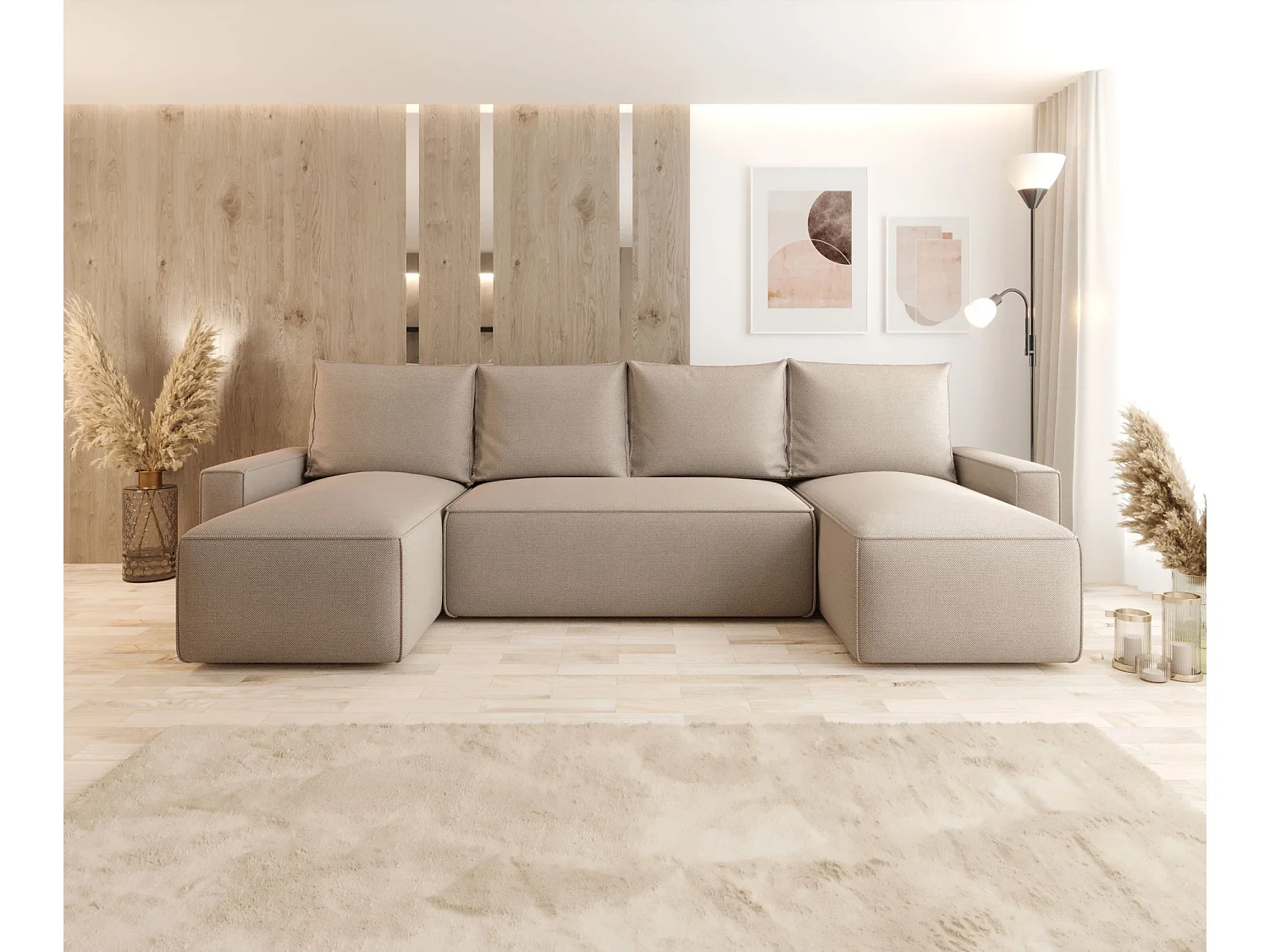 Narożnik z funkcją spania SAVIO U Curio 15 beżowy U-Form Sofa z pojemnikiem na pościel sofa do salonu, sofa rozkładana, sofa z pojemnikiem